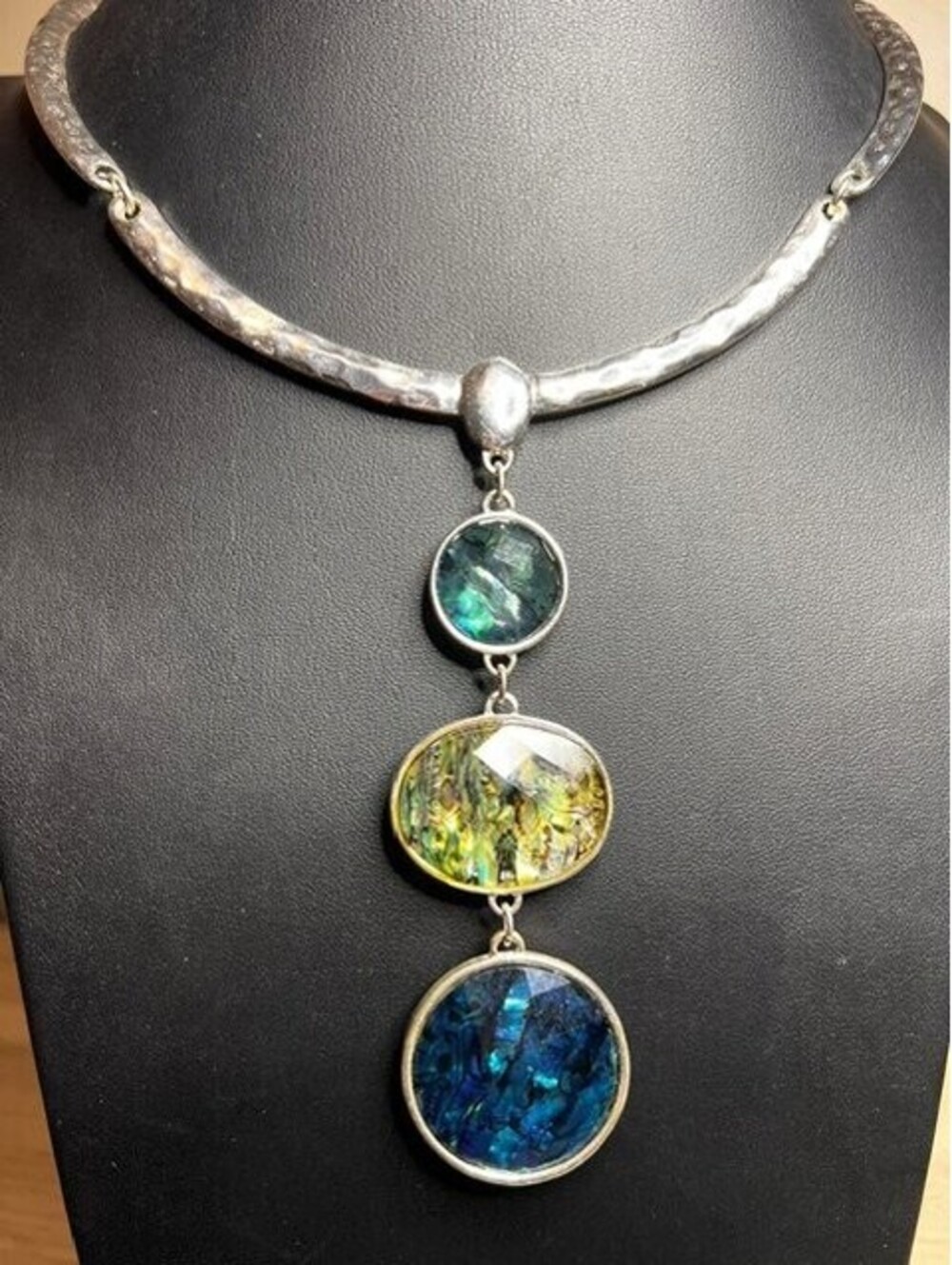 B6553 Fossil Long Layered Necklace Adjustable  Gunmetal Hammered Disc 36"